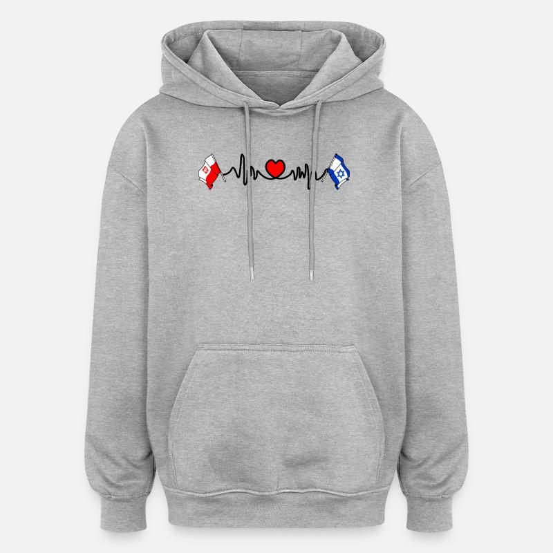 Cardio cardiaque Drapeau Pologne, drapeau Israël - Sweat à capuche oversize unisexe - gris chiné