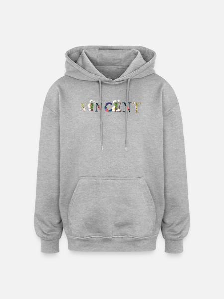 VINCENT navn dekoreret med blomster - Oversize unisex hoodie - grå meleret