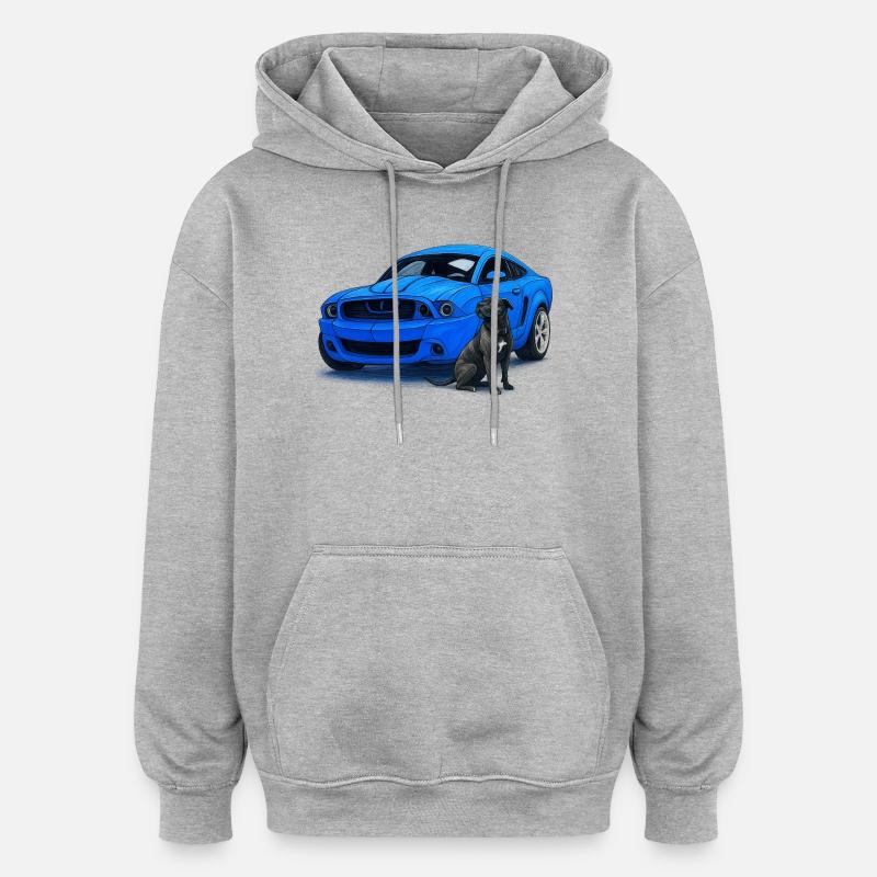 Muscle car bleu Chien partenaire - Sweat à capuche oversize unisexe - gris chiné