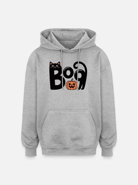 Cute Spooky Halloween Boo Black Cat with Pumpkin - Oversized Unisex Hoodie - heather grey