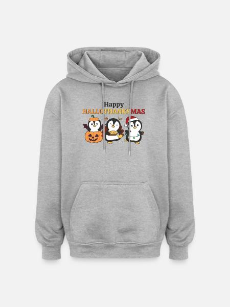 Happy Hallothanksmas Penguin Christmas Penguins - Oversized Unisex Hoodie - heather grey
