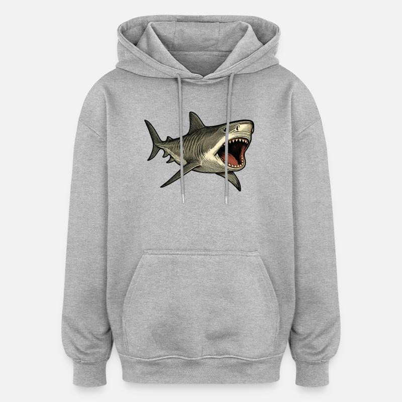 Requin tigre avec gueule ouverte - Sweat à capuche oversize unisexe - gris chiné