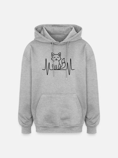 Ræv hjerteslag linje motiv - Oversize unisex hoodie - grå meleret