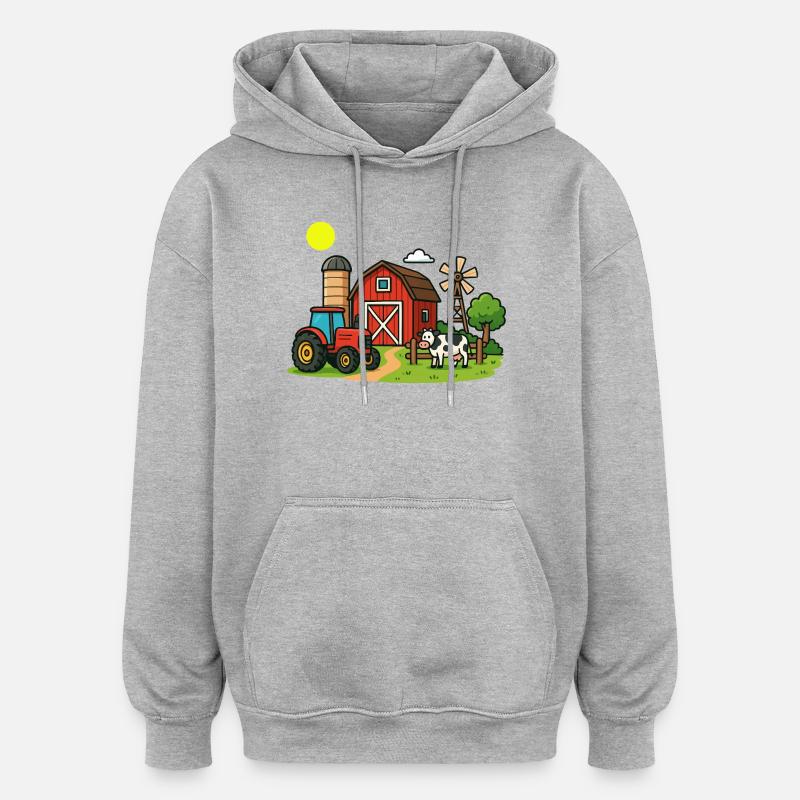 Illustration de scènes de ferme rurale - Sweat à capuche oversize unisexe - gris chiné