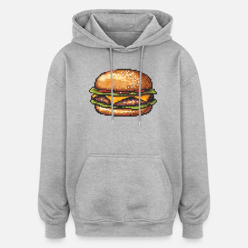 Hamburger 8 bits Pixel Art - Sweat à capuche oversize unisexe - gris chiné