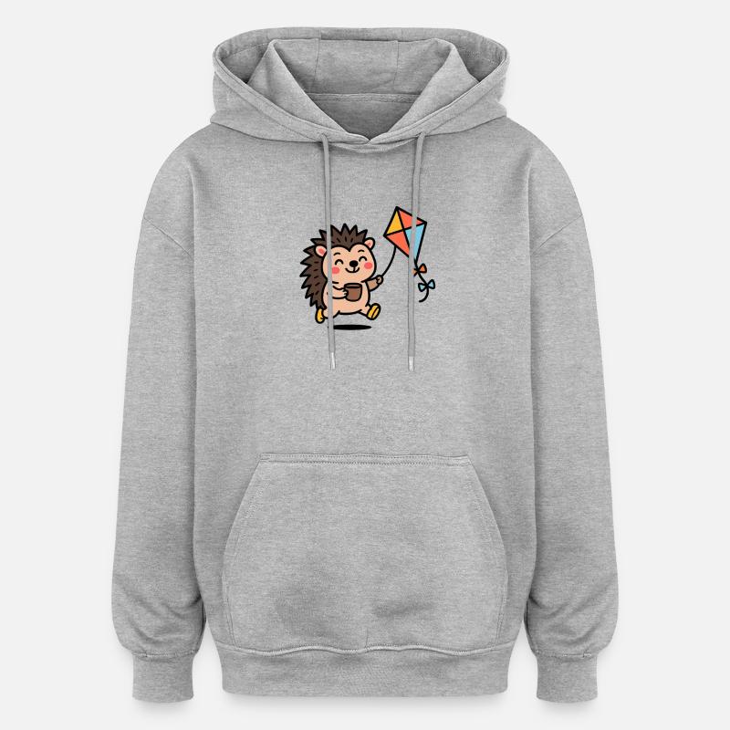 Hérisson avec cerf-volant et tasse - Sweat à capuche oversize unisexe - gris chiné