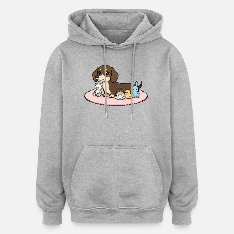 Teckel avec des peluches - Sweat à capuche oversize unisexe - gris chiné