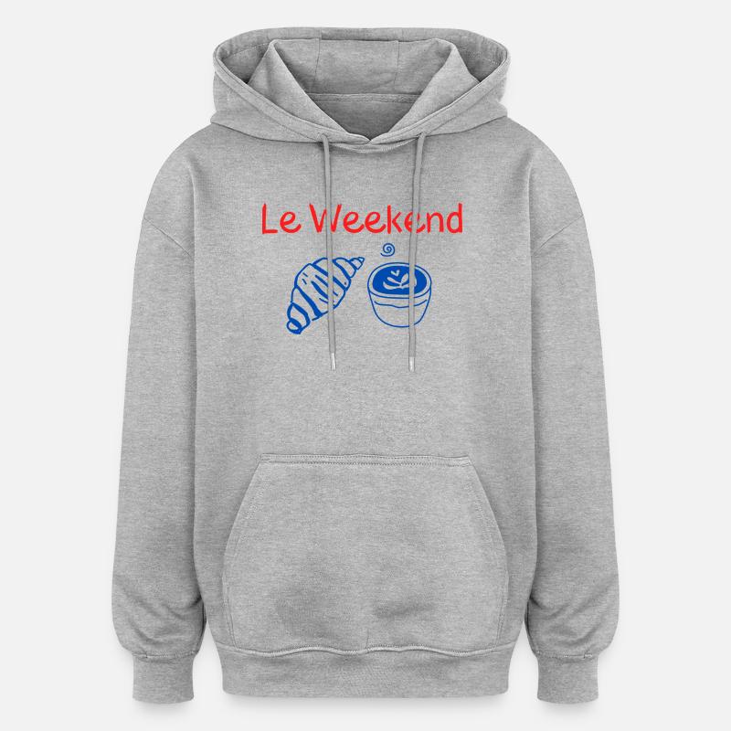 Le Weekend Croissant et Café Bleu - Sweat à capuche oversize unisexe - gris chiné