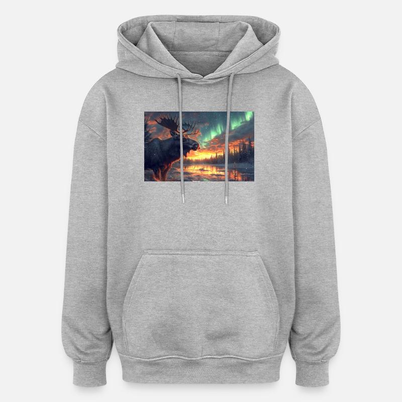 Elch unter Polarlichtern - Oversized Unisex Hoodie - Grau meliert