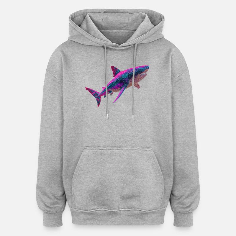 Graphique de requin néon Cyberpunk lumineux - Sweat à capuche oversize unisexe - gris chiné