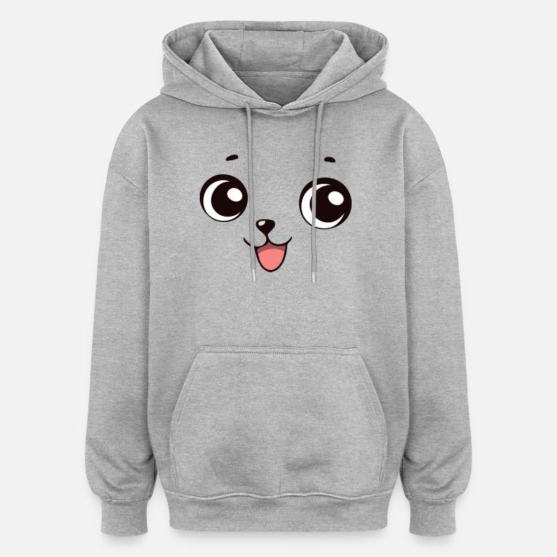 Visage Chien Kawaii Sourire Drôle - Sweat à capuche oversize unisexe - gris chiné
