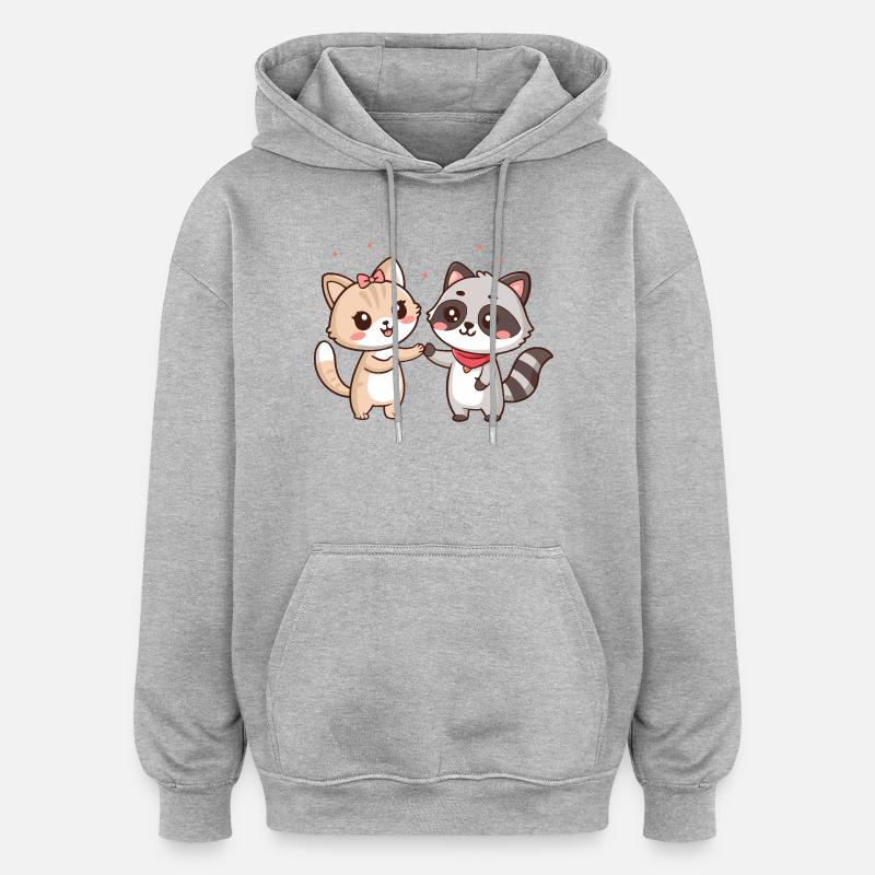 Amitié Kawaii: Chat et Raton-Laveur - Sweat à capuche oversize unisexe - gris chiné