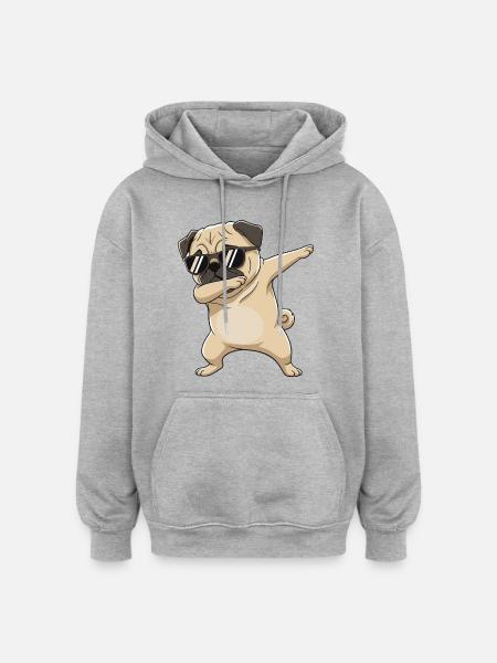 Cool Dabbing Pug Sunglasses Cartoon Art - Oversized Unisex Hoodie - heather grey