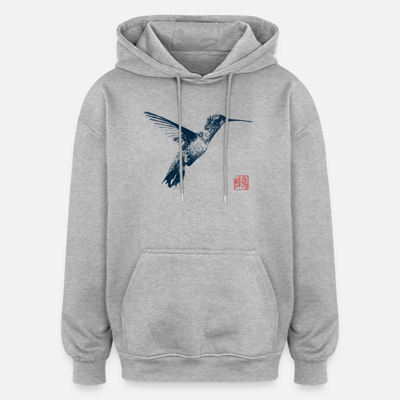 Kolibri mit Kanji Stempel - Oversized Unisex Hoodie - Grau meliert