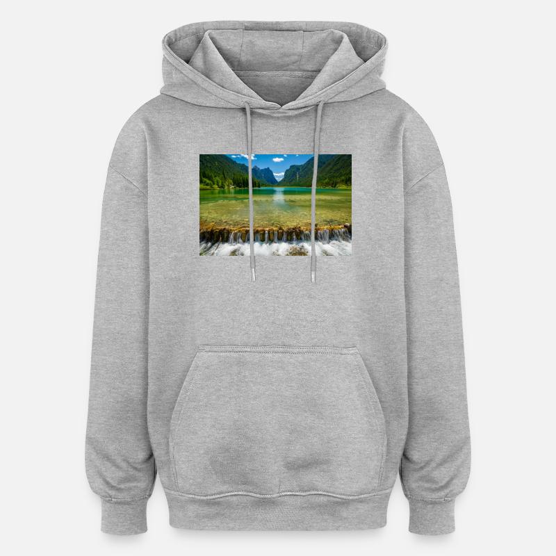 Lac Dobbiaco dans les Dolomites - Sweat à capuche oversize unisexe - gris chiné