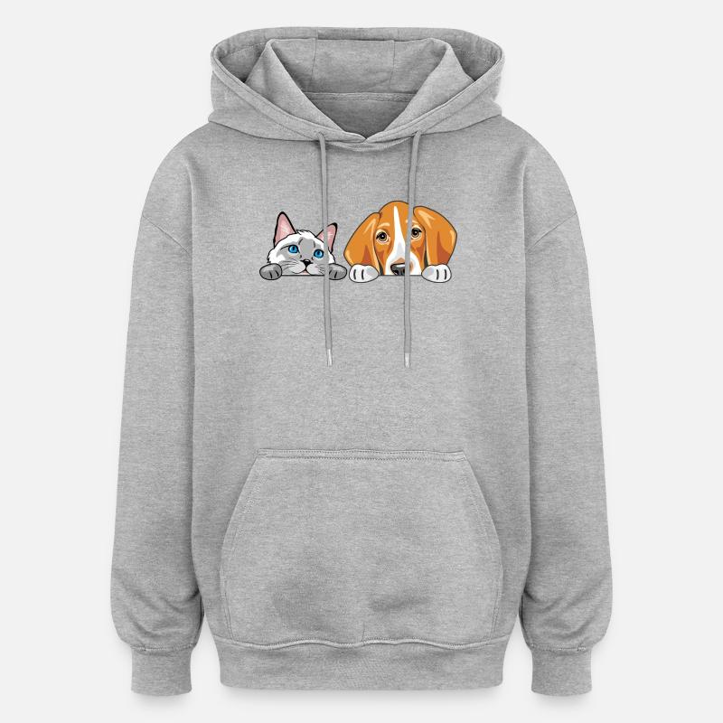 Peeking_Siamese_cat_and_Foxhound_dog - Sweat à capuche oversize unisexe - gris chiné