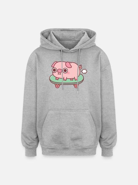 Cochon mignon qui pète sur la planche à roulettes drôle - Sweat à capuche oversize unisexe - gris chiné