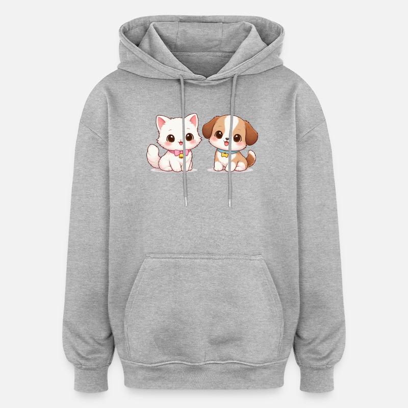Dessin Chat Chien - Sweat à capuche oversize unisexe - gris chiné