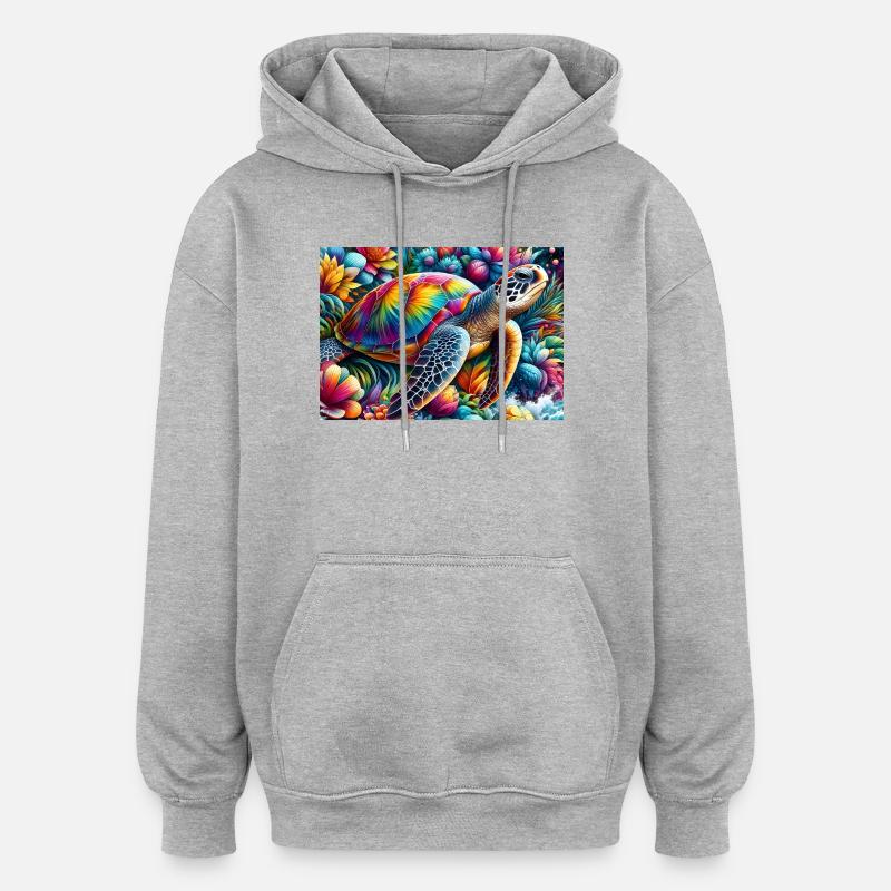 Tortue tropicale arcenciel sur fleurs - Sweat à capuche oversize unisexe - gris chiné