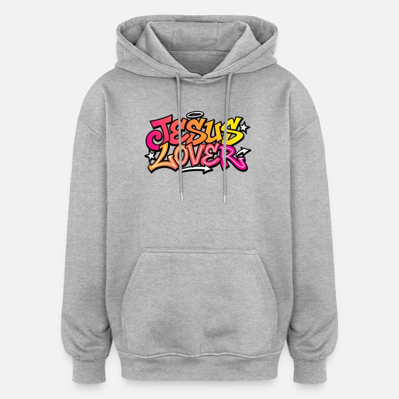 Graphisme néon Jesus Lover - Sweat à capuche oversize unisexe - gris chiné