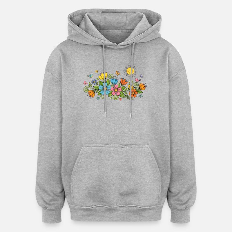 Wilder Blumengarten mit fröhlich strahlender Sonne - Oversized Unisex Hoodie - Grau meliert