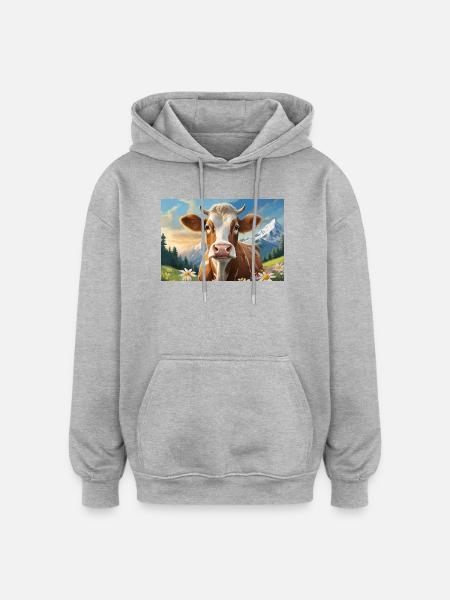Fröhliche Kuh im Alpenpanorama - Oversized Unisex Hoodie - Grau meliert