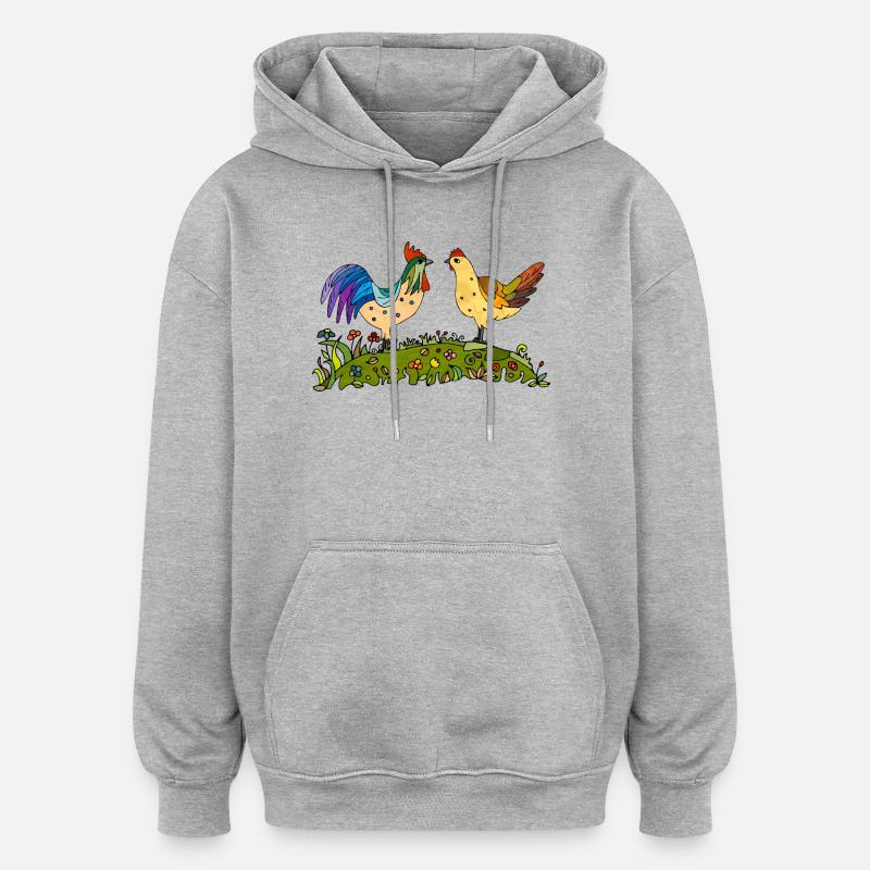 Coq et poule - Sweat à capuche oversize unisexe - gris chiné