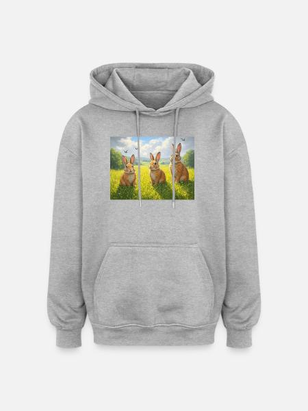 Three rabbits in the spring field - Oversized Unisex Hoodie - heather grey