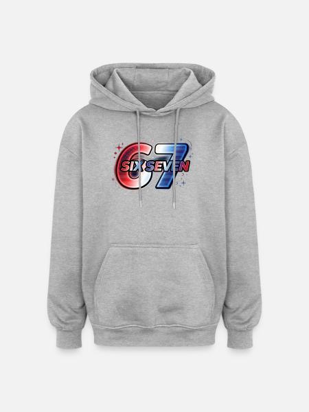67 Neon – Red Blue Star Design - Oversized Unisex Hoodie - heather grey