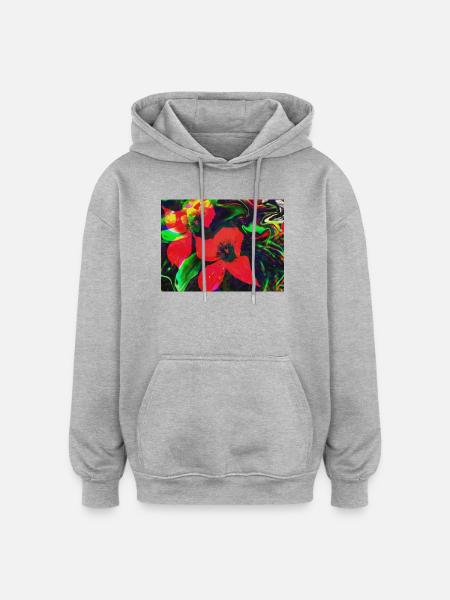 Neonrote Blüten im Farbwirbel - Oversized Unisex Hoodie - Grau meliert