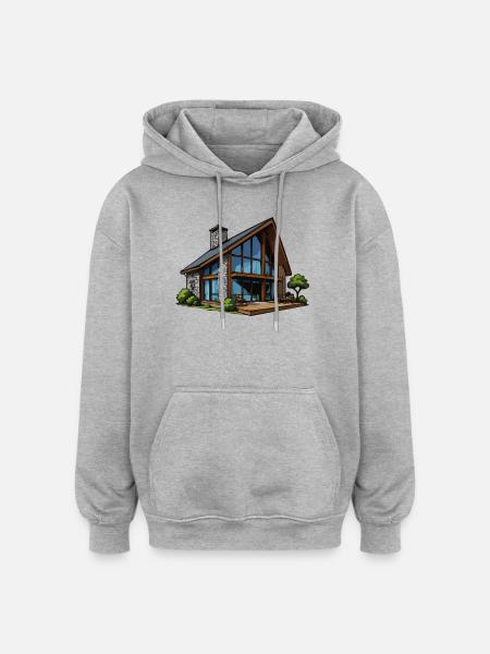 Glasfront Holzhaus Chalet - Oversized Unisex Hoodie - Grau meliert