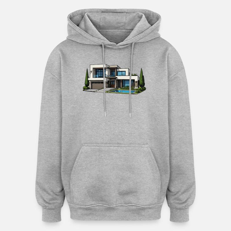 Moderne Villa mit Pool - Oversized Unisex Hoodie - Grau meliert