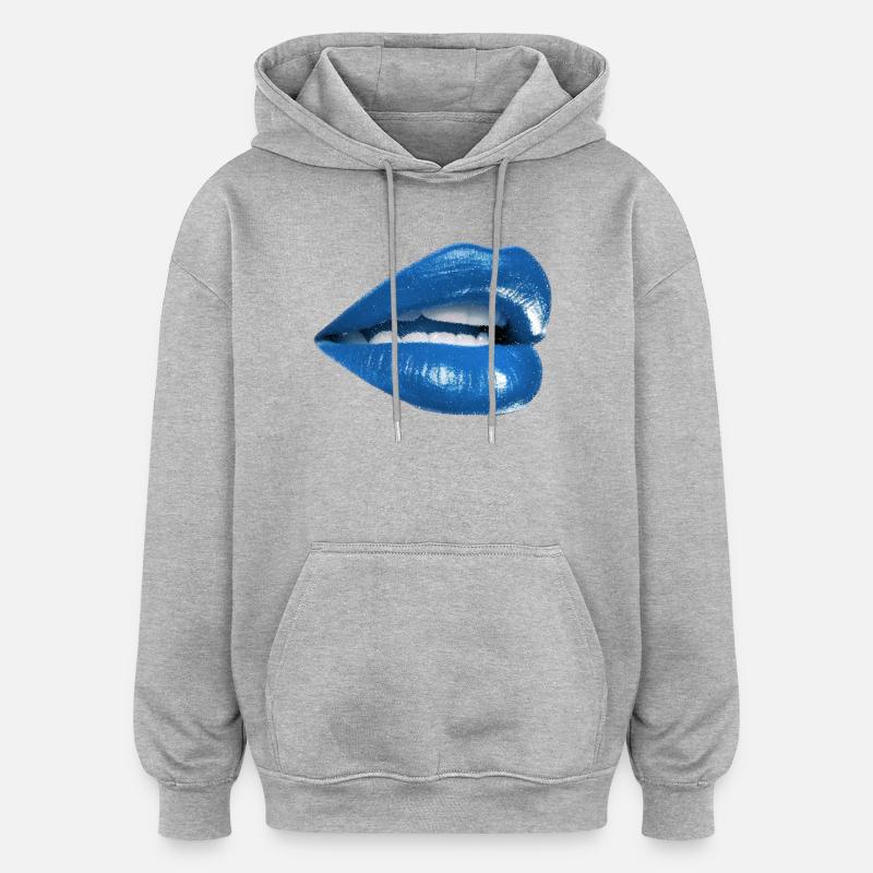 Bold Blue Lips Graphic - Oversized Unisex Hoodie - heather grey