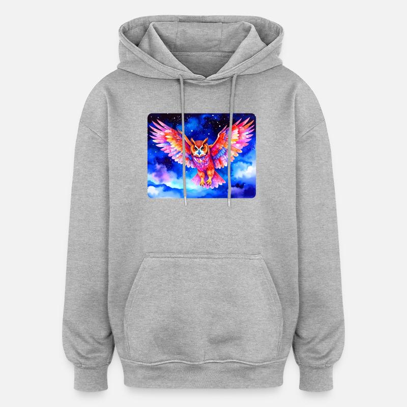 Bunter Uhu vor Sternenhimmel - Oversized Unisex Hoodie - Grau meliert