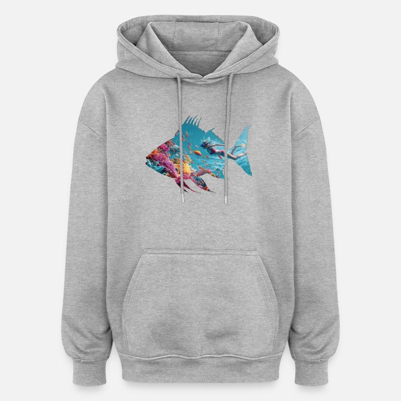 Silhouette de poisson sous-marin avec plongeur - Sweat à capuche oversize unisexe - gris chiné