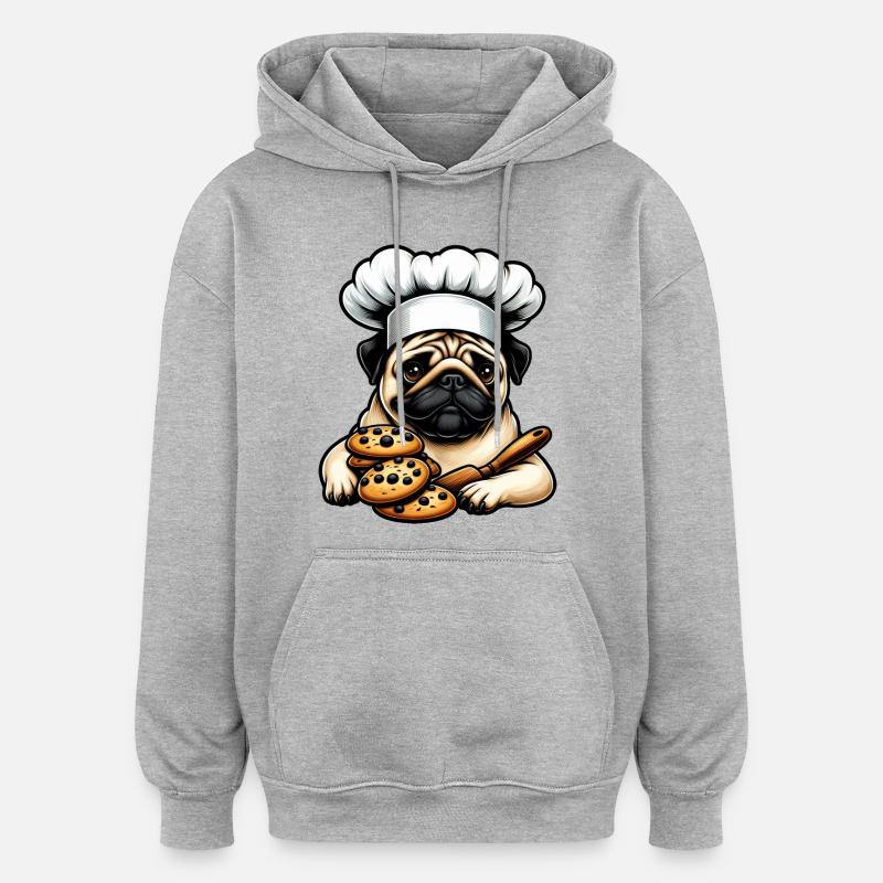 Mops Koch mit Cookie - Oversized Unisex Hoodie - Grau meliert