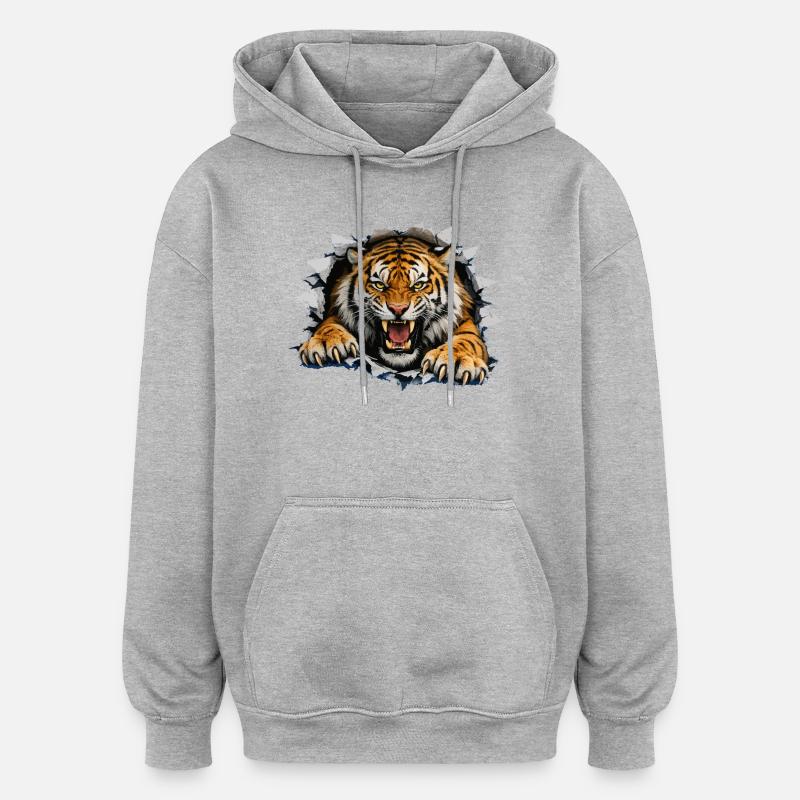 Tiger Breakthrough auf Kleidung - Oversized Unisex Hoodie - Grau meliert