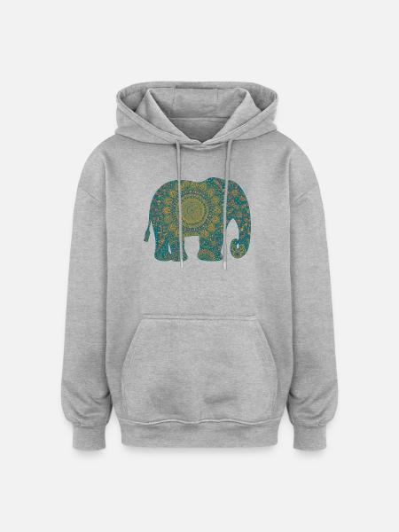 Mandala Elephant Pattern in Teal - Oversized Unisex Hoodie - heather grey