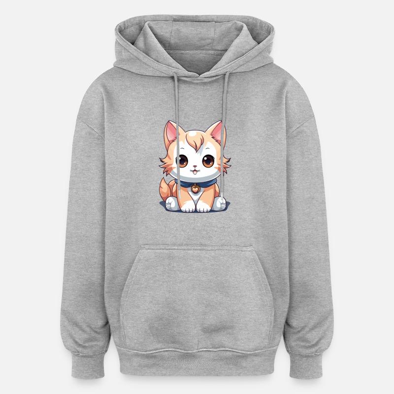 Chat - Style Kawaii - Sweat à capuche oversize unisexe - gris chiné