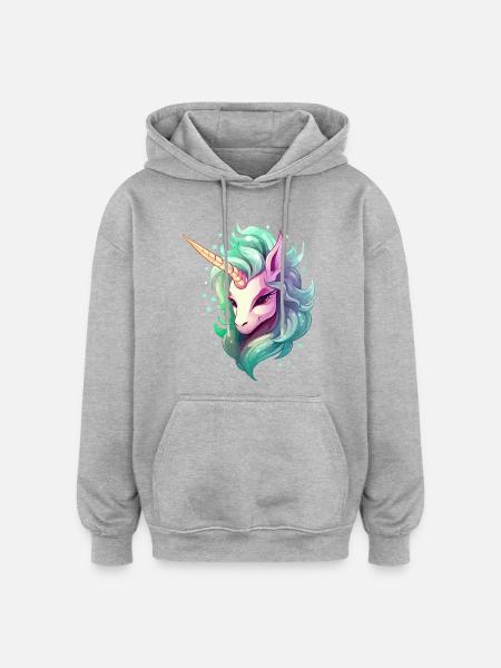 Einhorn Kopf im Regenbogenhaar - Oversized Unisex Hoodie - Grau meliert