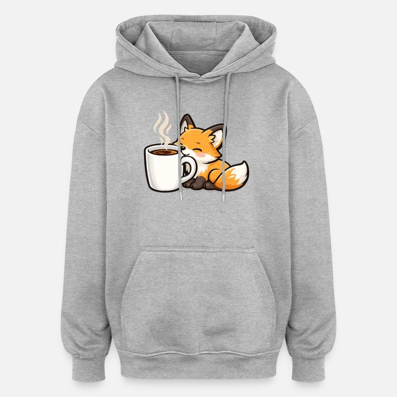 Cuddly fox with coffee - Oversized Unisex Hoodie - heather grey