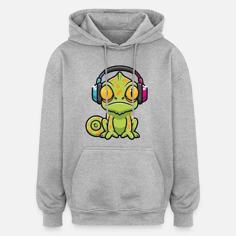 Bébé Caméléon Casque Audio Musique Cartoon - Sweat à capuche oversize unisexe - gris chiné