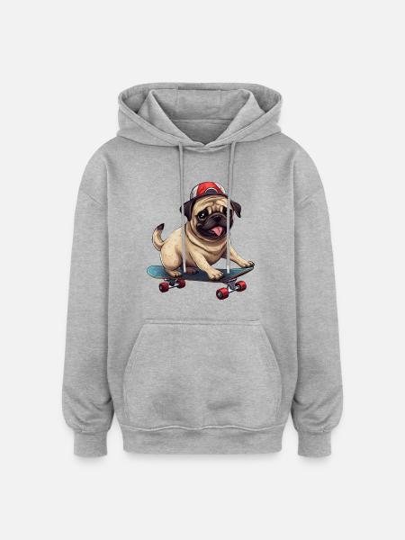 Skateboarding Pug: Dynamic Dog and - Oversized Unisex Hoodie - heather grey