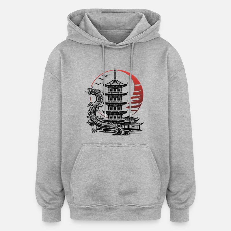 Pagode Japon - dragon - Sweat à capuche oversize unisexe - gris chiné