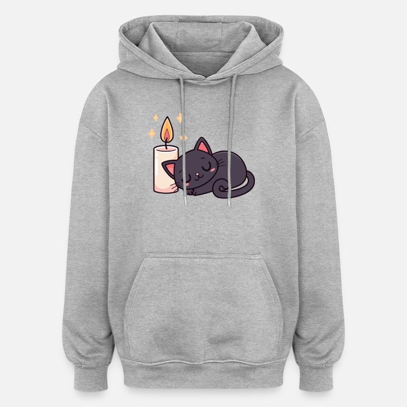 Sleeping black cat and bright candle - Oversized Unisex Hoodie - heather grey