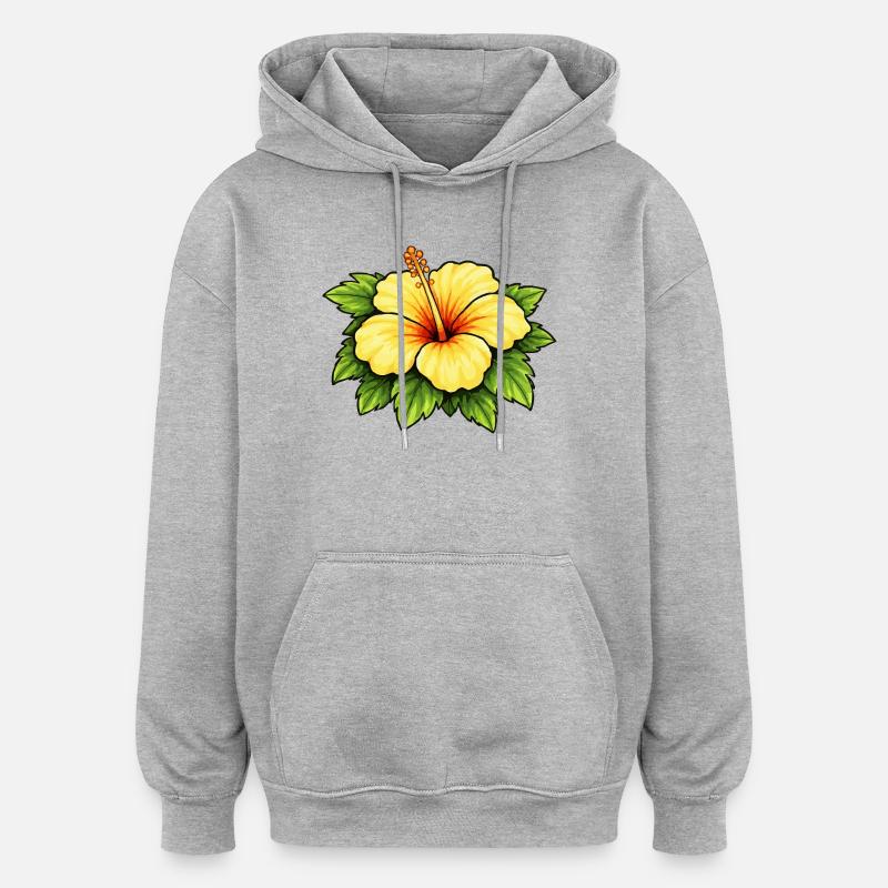 Imprimé tropical hibiscus jaune - Sweat à capuche oversize unisexe - gris chiné