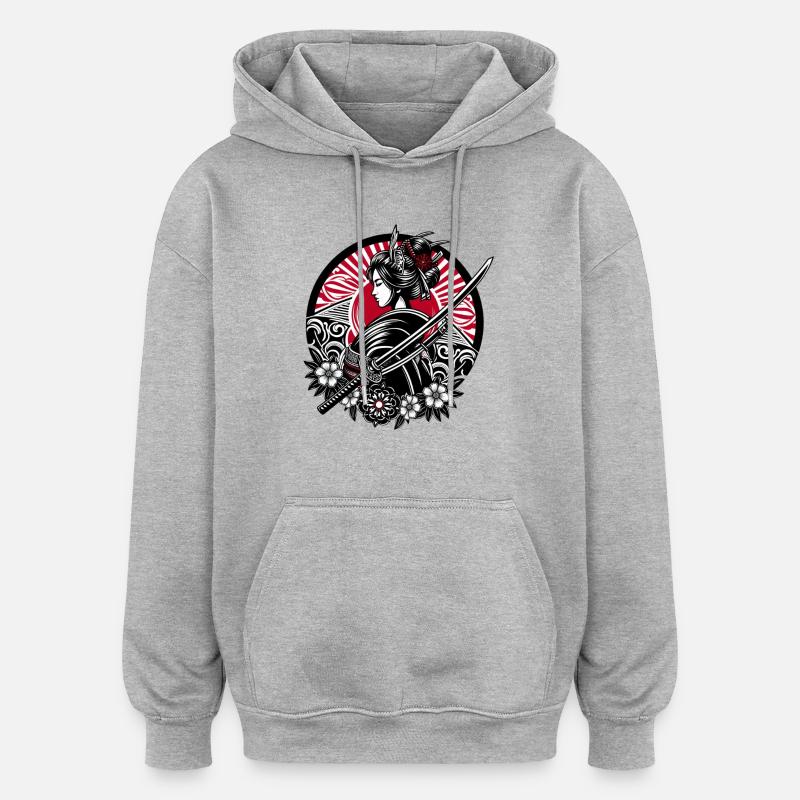 Samouraï Girl flowers - Sweat à capuche oversize unisexe - gris chiné