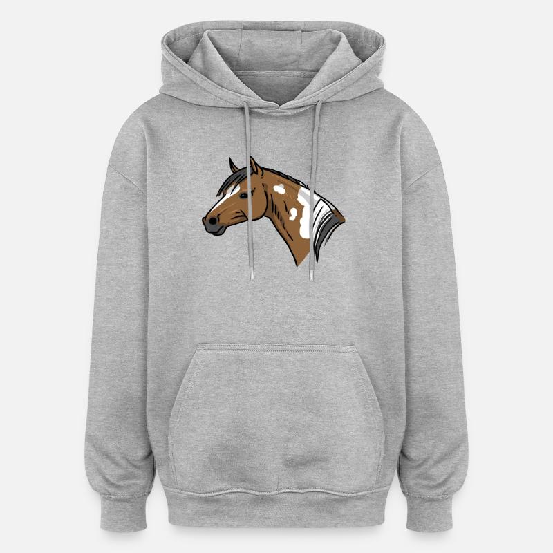 Pferdekopf Illustration Braun Weiß - Oversized Unisex Hoodie - Grau meliert