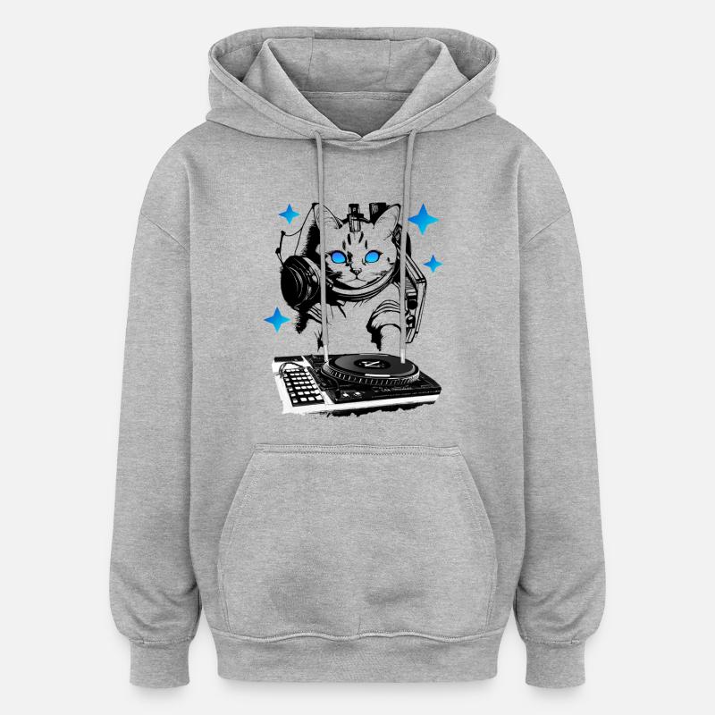 DJ Katze mit Mischpult - Oversized Unisex Hoodie - Grau meliert