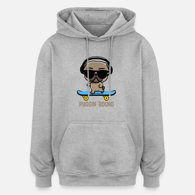 Mops auf Skateboard Pugging Around - Oversized Unisex Hoodie - Grau meliert